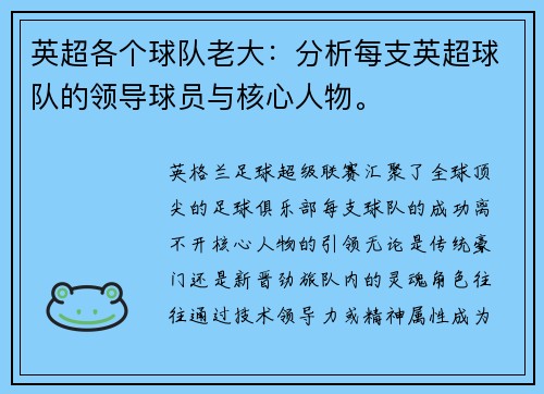 英超各个球队老大：分析每支英超球队的领导球员与核心人物。